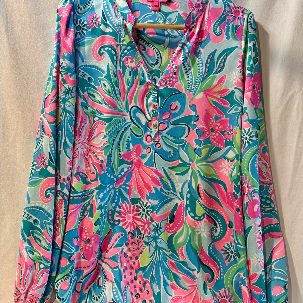 Lilly Pulitzer Vibrant Floral Blouse - Pink and Blue